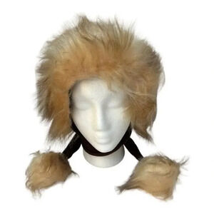Vintage Faux Fur Brown Womens Hat with attached Scarf and Pom‎ Poms​​
